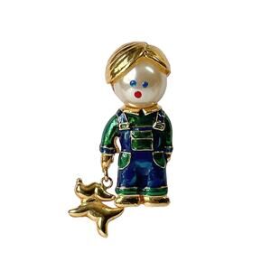 1980s Gold Plate Faux Pearl Blue & Green Enamel Boy with Dog Figural  Pin Brooch